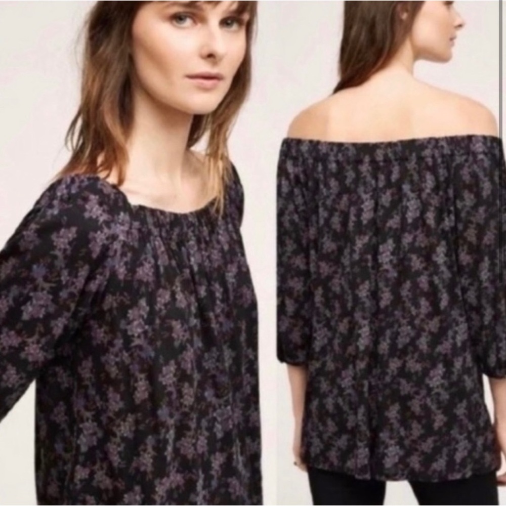 Anthropologie Deletta Black Purple Floral Off Shoulder Top, Women's Large